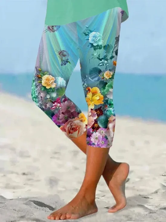 Women's  Elastic Waist H-Line Legging Daily Going Out Pants Green Casual Printing Floral Summer Pants