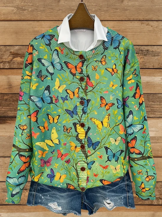 Peasant Floral Crew Neck Knitted Cardigan
