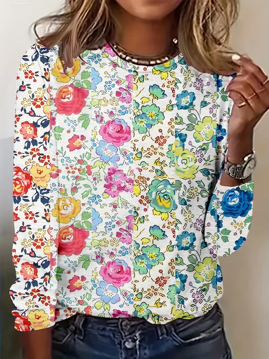 Women Simple Floral Spring/Fall Commuting Loose Jersey Long Sleeve Regular H-Line T-shirts