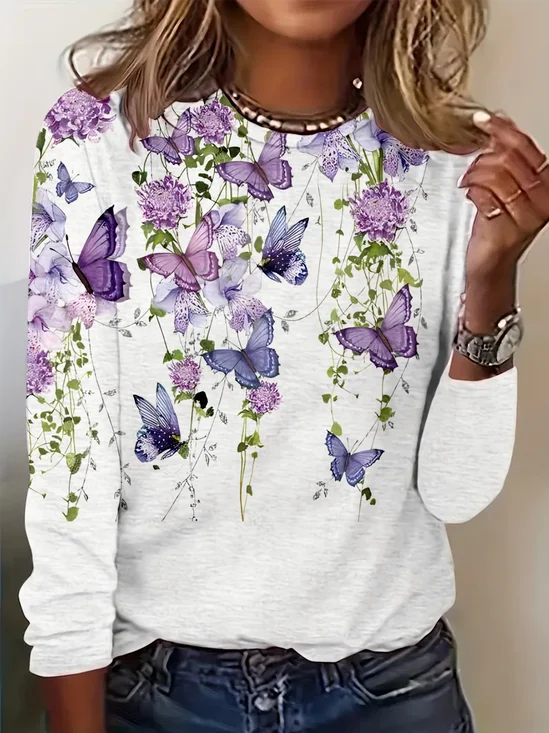 Women Simple Butterfly Spring/Fall Daily Loose Jersey Crew Neck H-Line Regular T-shirts