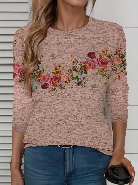 Women's Long Sleeve T-shirt Spring/Fall Dusty Pink Floral Printing Jersey Crew Neck Daily Going Out Casual Top