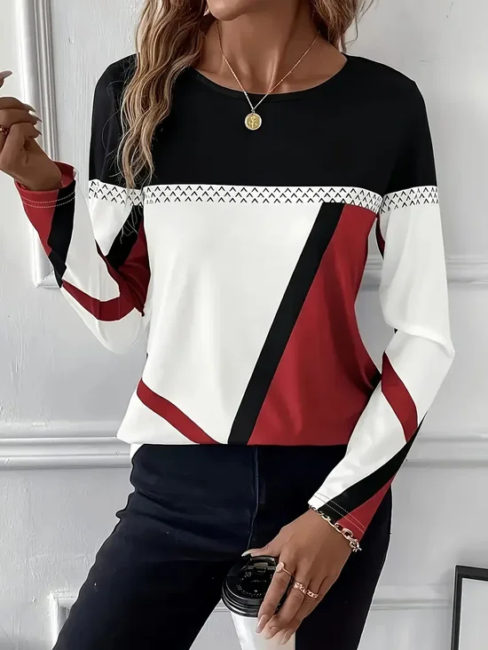 Women's Long Sleeve T-shirt Spring/Fall Red Abstract Printing Jersey Crew Neck Daily Going Out Casual Top