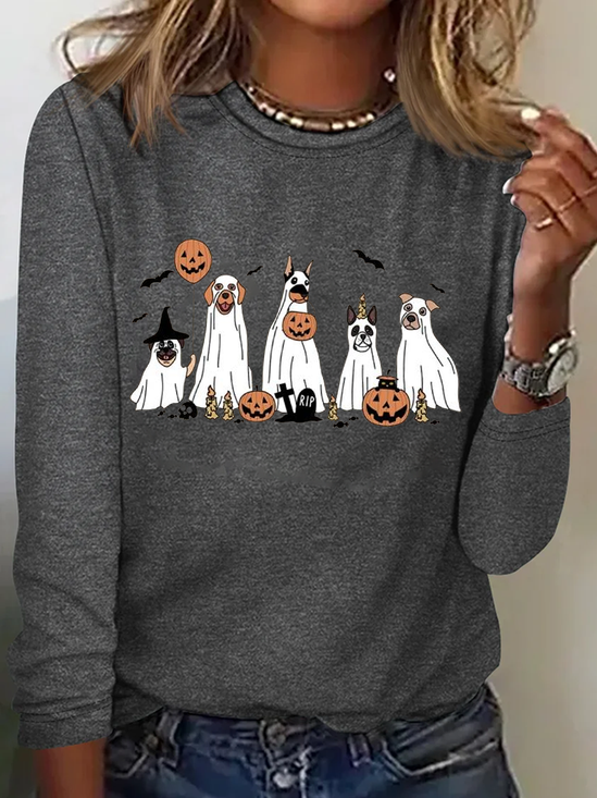 Holiday Round Neck Long Sleeve Halloween Letter Print T-Shirt