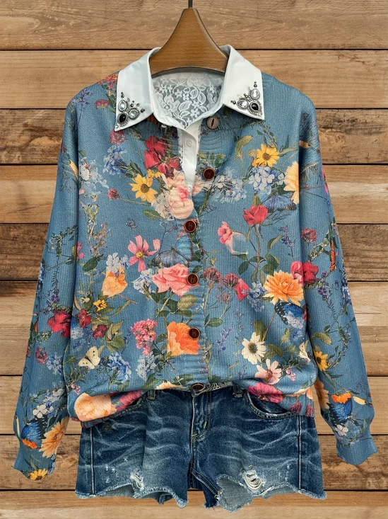Ethnic Floral Knitted Crew Neck Cardigan
