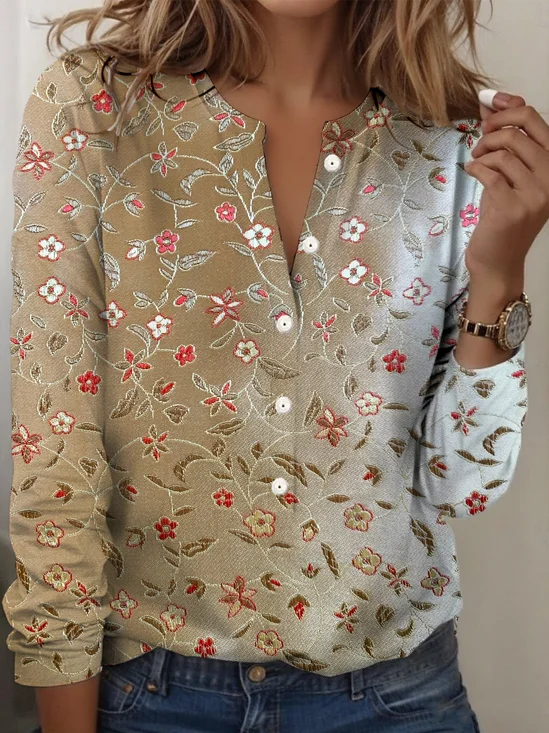 Regular Tops Floral Pattern Everyday Open Front Long Sleeve T-Shirt