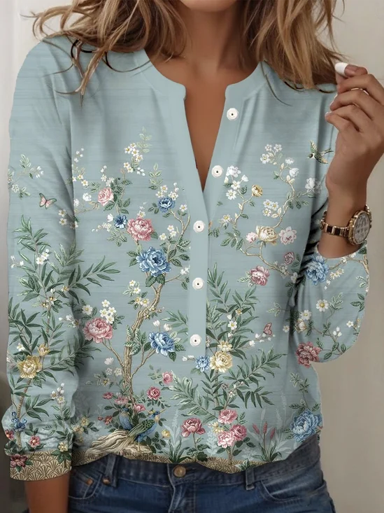 Regular Tops Floral Pattern Everyday Open Front Long Sleeve T-Shirt