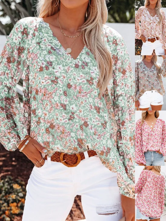 Women's Long Sleeve Shirt Spring/Fall Green Floral Split Joint V Neck Balloon Sleeve Daily Going Out Casual Top