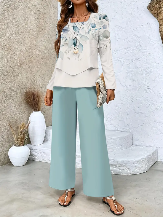 Women's Printing Floral Daily Going Out Two-Piece Set Green Casual Spring/Fall Top With Pants Matching Set