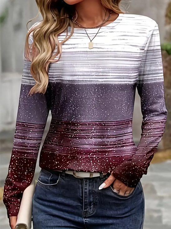 Women's Long Sleeve T-shirt Spring/Fall Purple Striped Printing Jersey Crew Neck Daily Going Out Casual Top