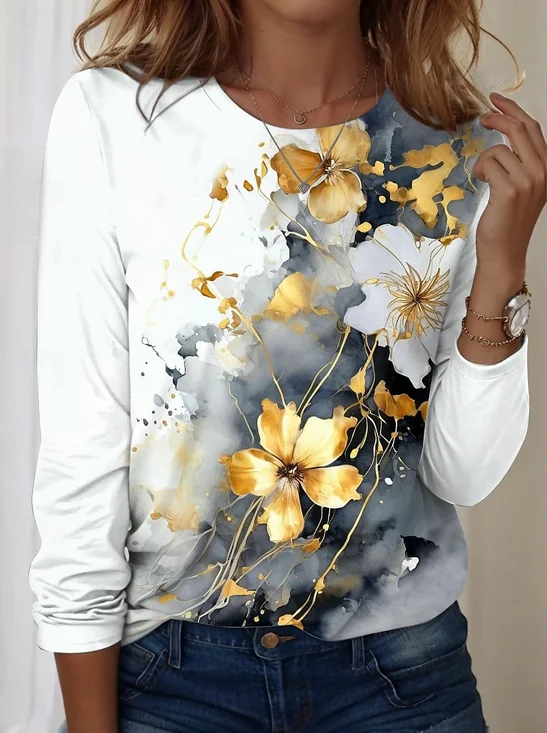 Women's Artistic Floral Pattern Crew Neck Long Sleeve Tee