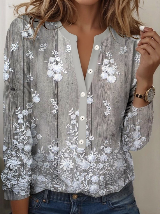 Regular Tops Floral Pattern Everyday Open Front Long Sleeve T-Shirt