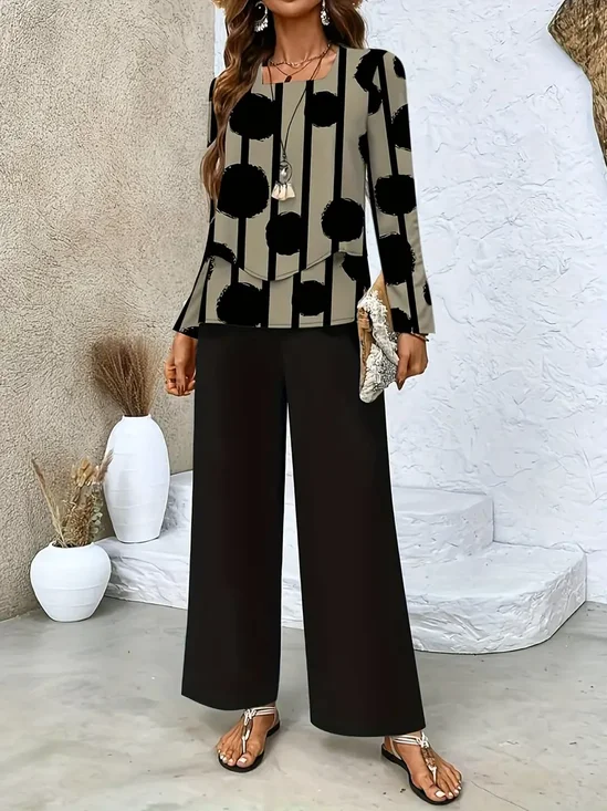 Women's Printing Striped Daily Going Out Two-Piece Set Black Casual Spring/Fall Top With Pants Matching Set
