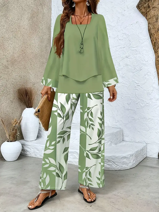Women's Printing Floral Daily Going Out Two-Piece Set Green Casual Spring/Fall Top With Pants Matching Set