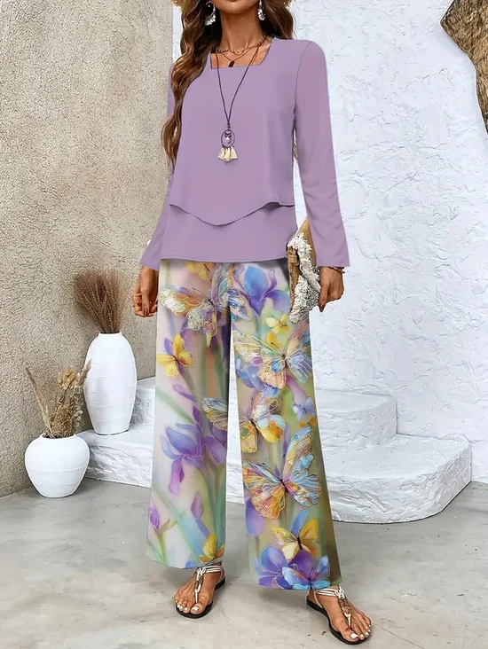 Women's Printing Floral Daily Going Out Two-Piece Set Purple Casual Spring/Fall Top With Pants Matching Set