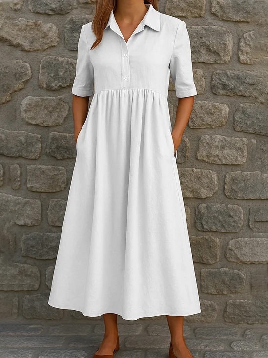 Linen Plain Shirt Collar Casual Dress With No