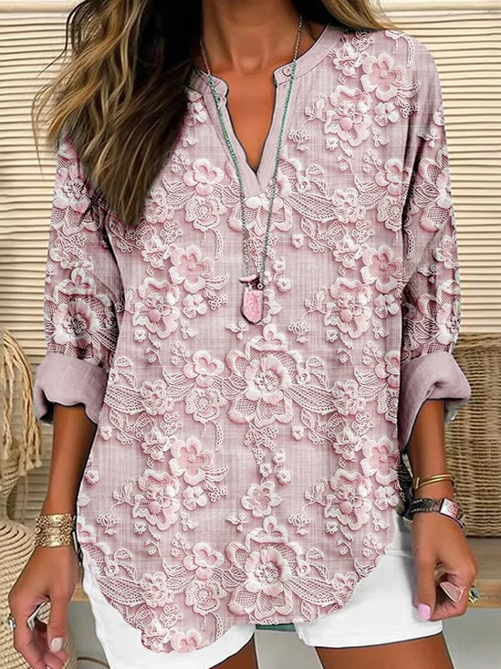Women's Long Sleeve Blouse Spring/Fall Pink Floral Printing Cotton-Blend V Neck Daily Going Out Casual Top