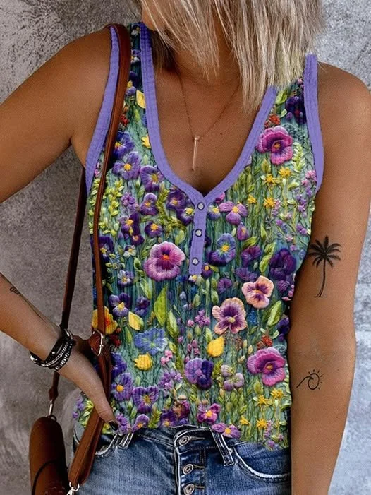 V Neck Floral Casual Tank Top