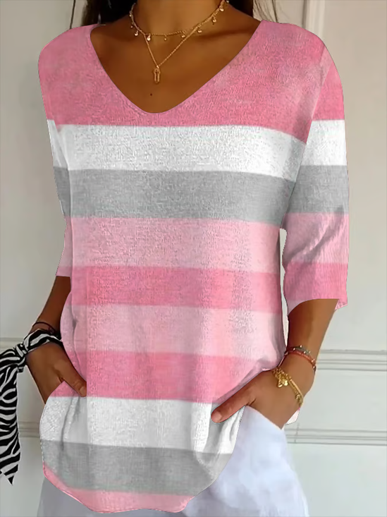 Women's Three Quarter Sleeve T-shirt Spring/Fall As Picture Striped Printing V Neck Daily Going Out Casual Top