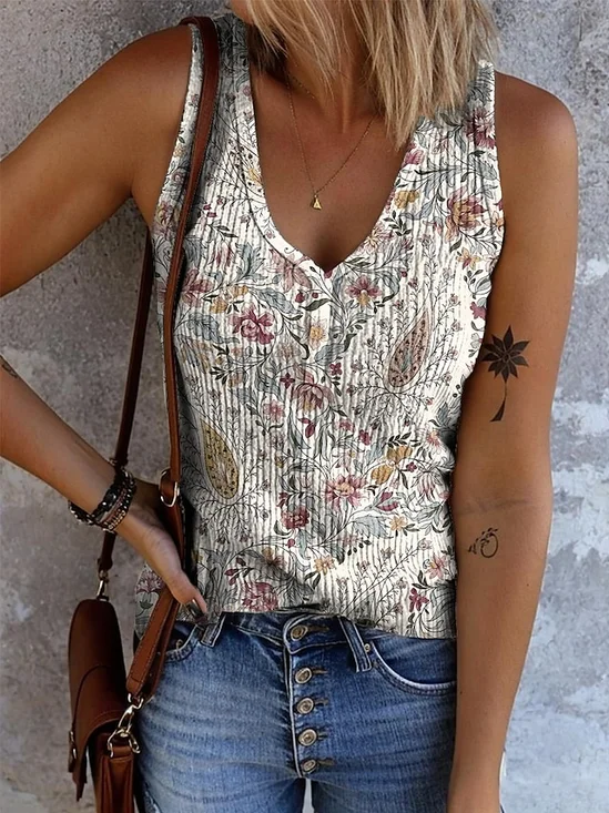 Cotton Casual Floral V Neck Tank Top