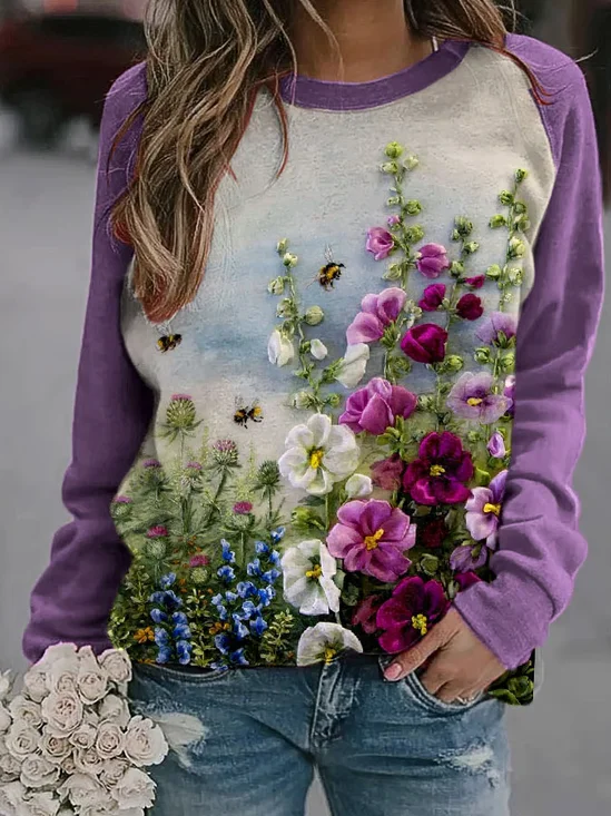 Crew Neck Floral Casual Printing Sweatshirt