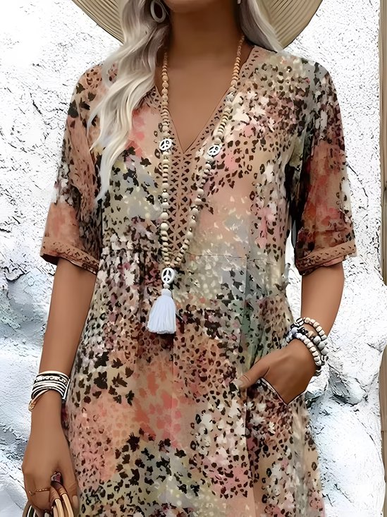 Women's Short Sleeve Summer Khaki Floral Split Joint V Neck Daily Going Out Vintage Maxi A-Line T-Shirt Dress Dress