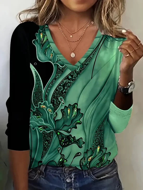 Women's Long Sleeve T-shirt Spring/Fall Green Floral Printing Jersey V Neck Daily Going Out Casual Top