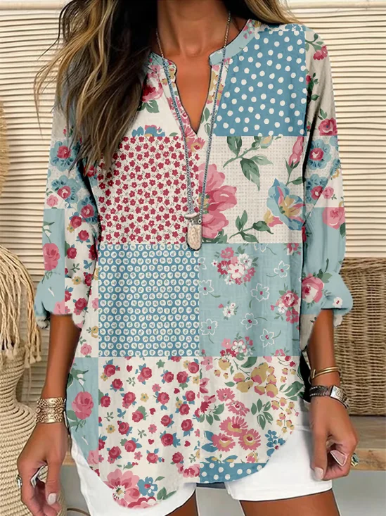 Women's Long Sleeve Blouse Spring/Fall As Picture Floral Printing Cotton-Blend V Neck Daily Going Out Casual Top