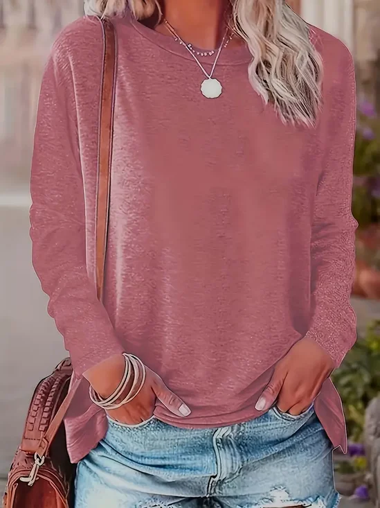 Women's Long Sleeve T-shirt Spring/Fall Pink Plain Printing Jersey Crew Neck Daily Going Out Casual Top