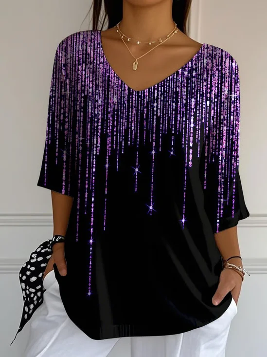 Women's Three Quarter Sleeve T-shirt Spring/Fall Black Abstract Printing V Neck Daily Going Out Casual Top