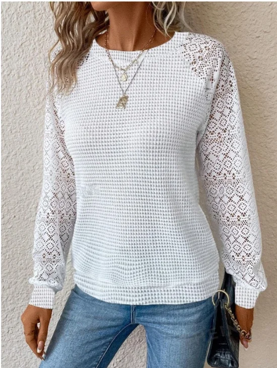 Women's Long Sleeve T-shirt Spring/Fall White Geometric Jacquard Crew Neck Raglan Sleeve Daily Going Out Vintage Top