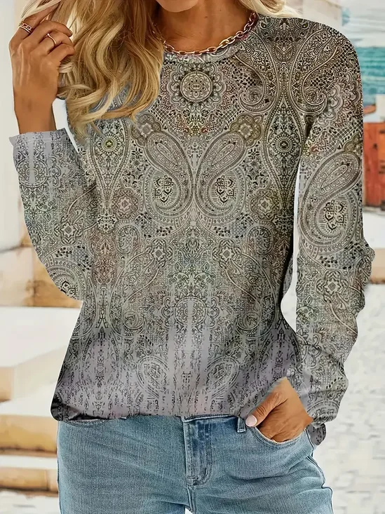 Women's Long Sleeve T-shirt Spring/Fall Gray Paisley Printing Jersey Crew Neck Daily Going Out Casual Top