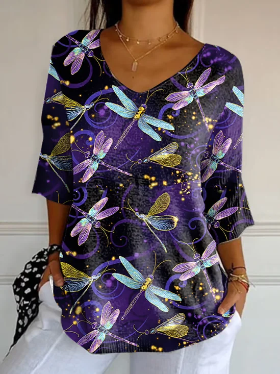 Women's Three Quarter Sleeve T-shirt Spring/Fall Purple Dragonfly Printing V Neck Daily Going Out Casual Top