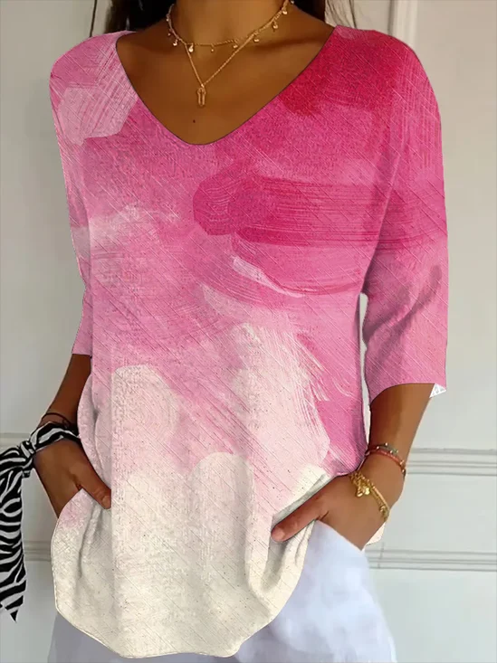 Women's Three Quarter Sleeve T-shirt Spring/Fall Pink Abstract Printing V Neck Daily Going Out Casual Top