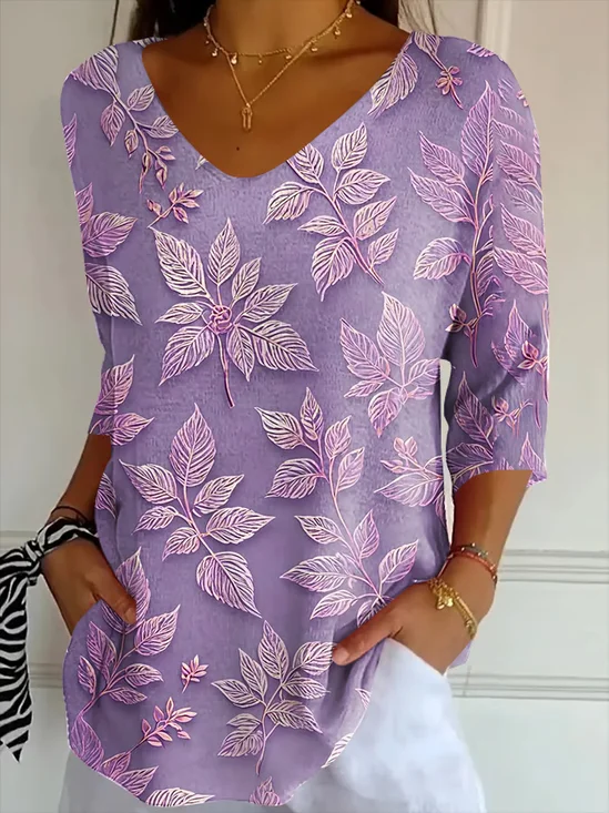 Women's Three Quarter Sleeve T-shirt Spring/Fall Purple Floral Printing V Neck Daily Going Out Casual Top