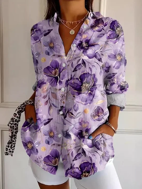 Women's Long Sleeve Shirt Spring/Fall Purple Floral Buckle Shirt Collar Regular Sleeve Daily Going Out Casual Top
