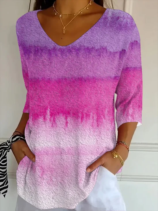 Women's Three Quarter Sleeve T-shirt Spring/Fall Purple Abstract Printing V Neck Daily Going Out Casual Top
