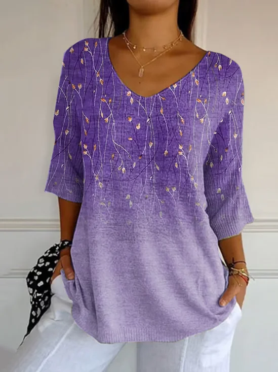 Women's Three Quarter Sleeve T-shirt Spring/Fall Purple Floral Printing V Neck Daily Going Out Casual Top