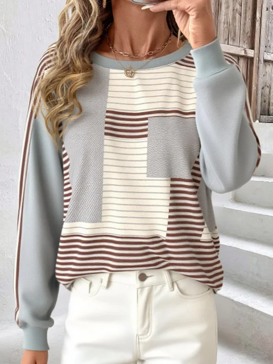 Regular Fit Long Sleeve Casual Sweatshirt Striped Colorblock Pattern