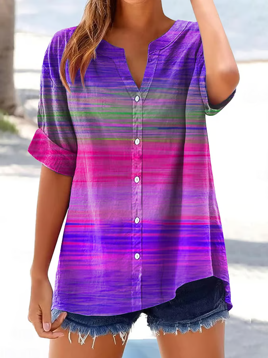 Women's Short Sleeve Shirt Summer Purple Abstract Stripes Printing V Neck Daily Going Out Casual Top