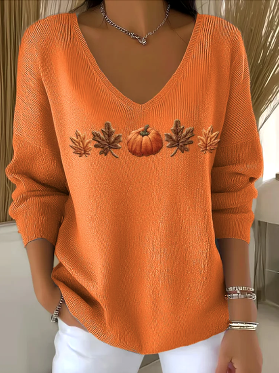 Cotton Casual V Neck Floral Sweater