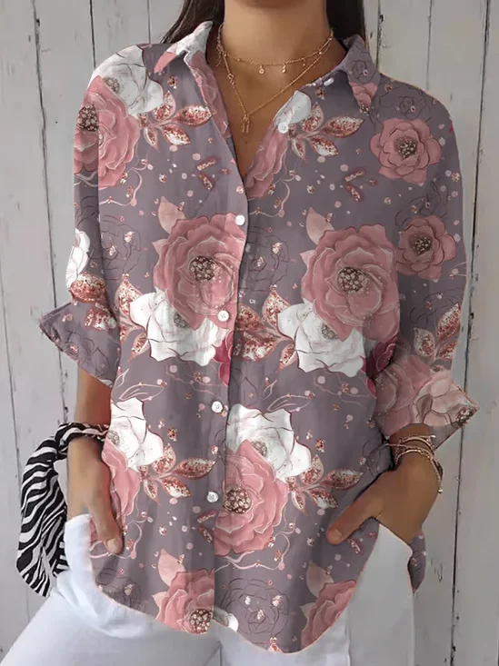 Women's Three Quarter Sleeve Shirt Spring/Fall Purple Floral Printing Shirt Collar Daily Going Out Casual Top