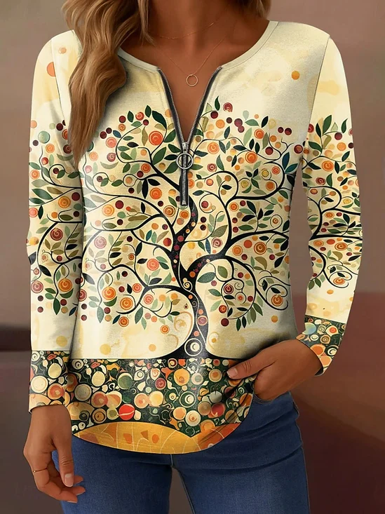 Women's T-shirt Botanical Pattern Elegant Retro Fashion Long Sleeve V-Neck Zipper Print Spring Autumn