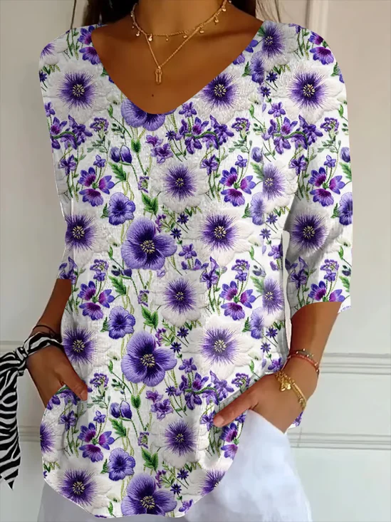 Women's Alzheimer's Disease Floral Print V-Neck T-Shirt