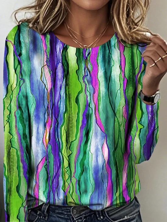 Women's Gradient Pattern T-shirt Elegant Retro Round Neck Long Sleeve Spring and Autumn Top