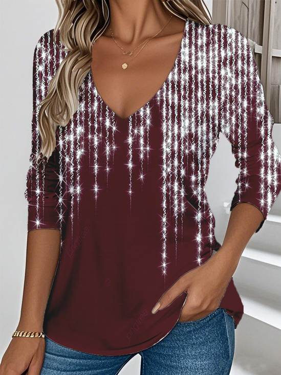 Women's Party Pattern T-Shirt Elegant Retro V-Neck Long-Sleeved Top For Daily Spring And Autumn