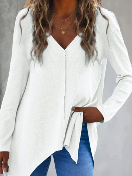 Women's Long Sleeve T-shirt Spring/Fall White Split Joint V Neck Daily Going Out Vintage Top