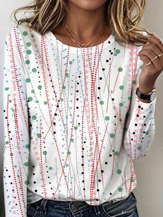 Women's Geometric Pattern T-shirt Elegant Retro Round Neck Long Sleeve Spring and Autumn Top