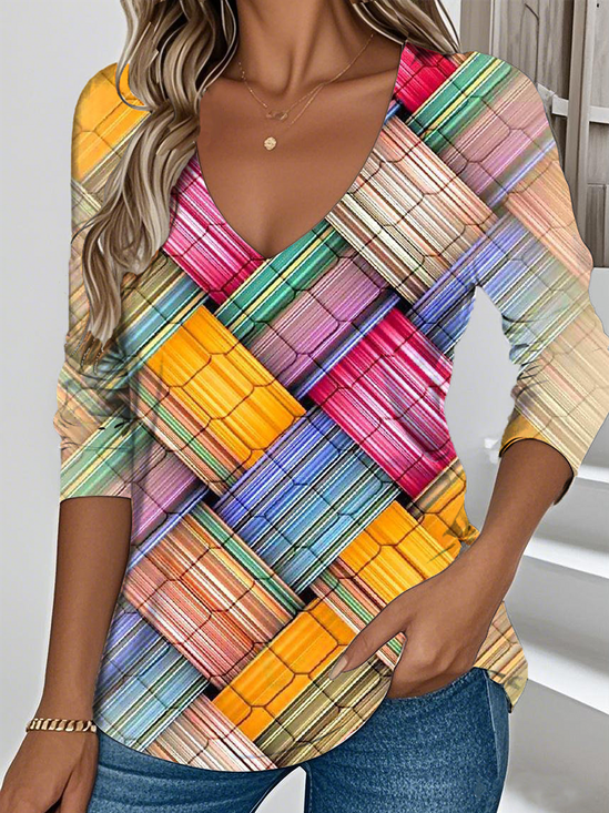 Women's Contrasting Plaid Pattern T-Shirt Elegant Retro V-Neck Long-Sleeved Top For Daily Spring And Autumn