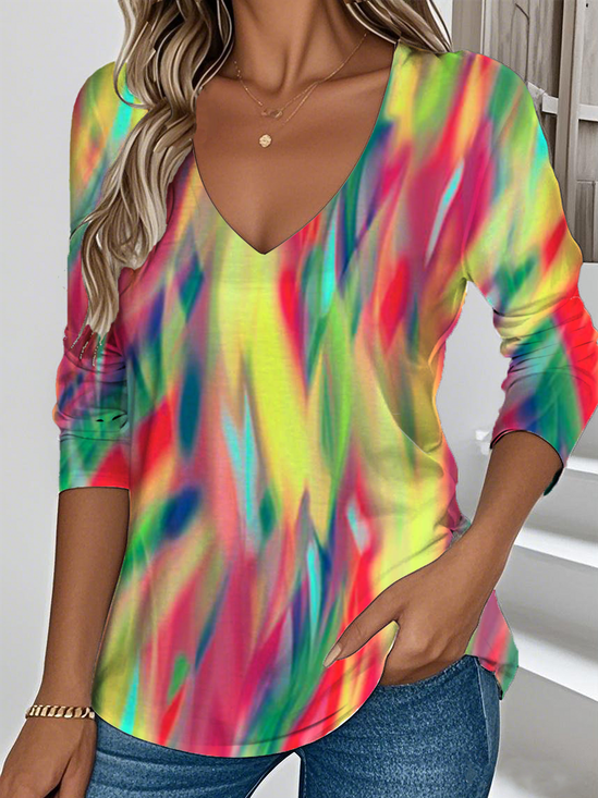 Women's Artistic Gradient Pattern T-shirt Elegant Retro V-neck Long-sleeved Top Daily Spring and Autumn