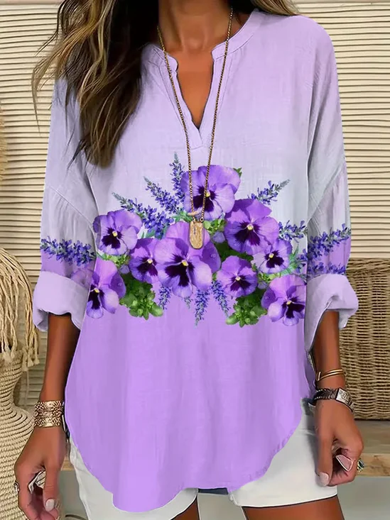 Women's Alzheimer's Floral Print Casual V-Neck Long Sleeve Shirt